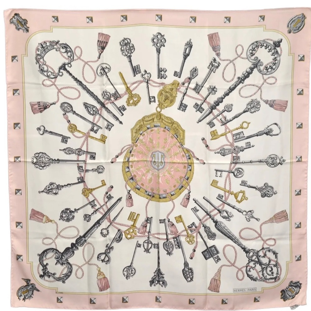 HERMES Carre 90 Scarf "LES CLES" Silk Pink